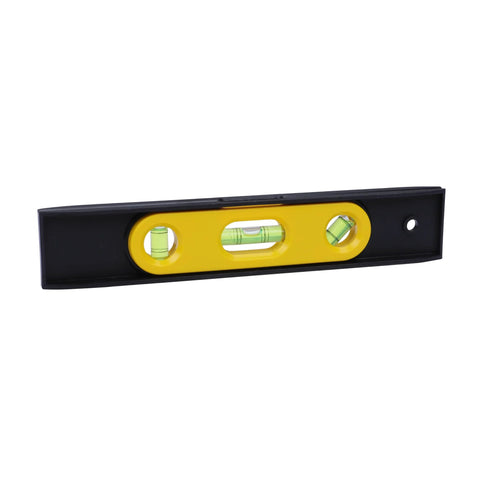 Compact 9 inch torpedo level with magnetic base for fast, accurate layout checks; includes three 360 degree vials for dependable readings.