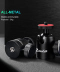 Compact Metal Mini Ball Head With 1/4 Inch And 3/8 Inch Screw Mount For DSLR Cameras, showing design and size details.