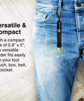 Person wearing jeans with a durable metal lumber crayon holder with an ambidextrous contoured grip clipped to front pocket.