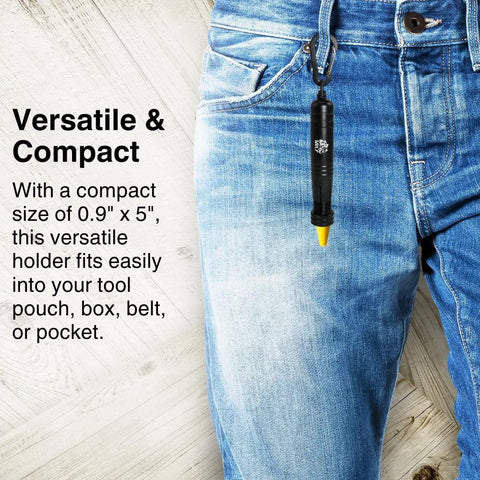 Person wearing jeans with a durable metal lumber crayon holder with an ambidextrous contoured grip clipped to front pocket.