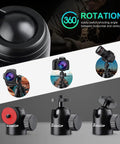 Compact Metal Mini Ball Head With 1/4 Inch And 3/8 Inch Screw Mount For DSLR Cameras And Camcorders showcasing 360 degree rotation.