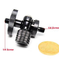 Compact Mini Ball Head Tripod Mount With One Quarter Inch Screw Connector for Cameras and DSLRs next to a coin for scale