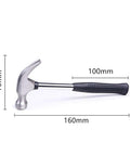 Compact Mini Claw Hammer With Rubber Handle Handy Lightweight Hand Tool For Home Repairs Carpet And Wall Nail Remover Non Slip Shock Absorber shown with dimensions.