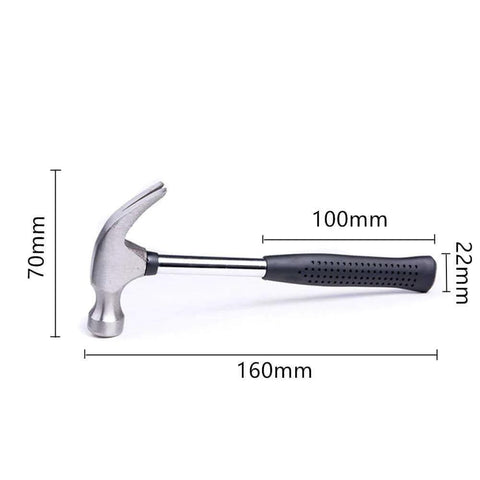 Compact Mini Claw Hammer With Rubber Handle Handy Lightweight Hand Tool For Home Repairs Carpet And Wall Nail Remover Non Slip Shock Absorber shown with dimensions.