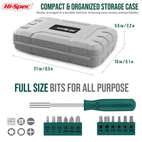 Compact 25 Piece Green Mini Tool Kit For Home And Office DIY In A Portable Toolbox Case with screwdriver and bits displayed.