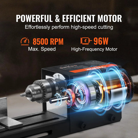 Close-up of Compact Mini Wood Lathe Machine With Seven Speeds 4220 5300 5650 6350 6660 7050 8450 RPM 24V DC 96W motor