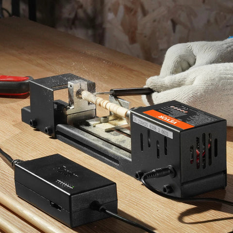 Compact Mini Wood Lathe Machine With Seven Speeds 4220 5300 5650 6350 6660 7050 8450 RPM 24V DC 96W in use on a wooden project