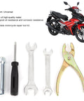 Compact Motorcycle Tool Kit With Socket Wrench Set, Screwdrivers And Pliers, Lightweight All In One Hand Tool Set For Maintenance And Repairs, Portable DIY Motorcycle Fix Kit For On The Go with visible tools next to a red motorcycle.