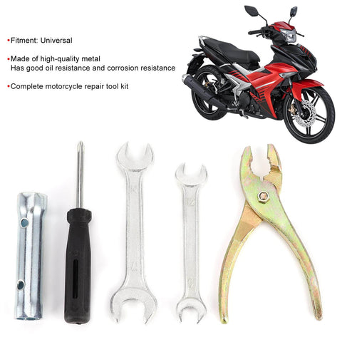 Compact Motorcycle Tool Kit With Socket Wrench Set, Screwdrivers And Pliers, Lightweight All In One Hand Tool Set For Maintenance And Repairs, Portable DIY Motorcycle Fix Kit For On The Go with visible tools next to a red motorcycle.