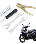Compact Motorcycle Tool Kit With Socket Wrench Set, Screwdrivers And Pliers, Lightweight All In One Hand Tool Set For Maintenance And Repairs, Portable DIY Motorcycle Fix Kit For On The Go with tools and a motorcycle.