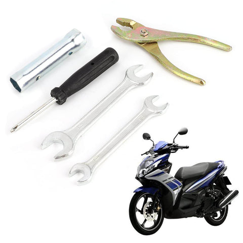 Compact Motorcycle Tool Kit With Socket Wrench Set, Screwdrivers And Pliers, Lightweight All In One Hand Tool Set For Maintenance And Repairs, Portable DIY Motorcycle Fix Kit For On The Go with tools and a motorcycle.