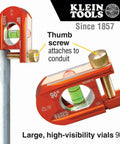Compact 2.5 inch no-dog conduit bending level with 1 vial and ACCU-BEND design attached to conduit, showing vial and thumb-screw.