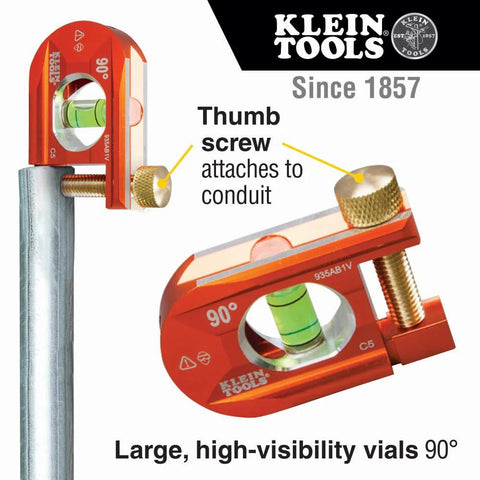 Compact 2.5 inch no-dog conduit bending level with 1 vial and ACCU-BEND design attached to conduit, showing vial and thumb-screw.
