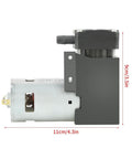 Side view of Compact Oilless Vacuum Pump 12 Volt DC 42 Watt Mini Brush Piston Pressure Pump, dimensions labeled, for lab and medical use.