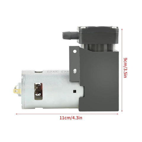 Side view of Compact Oilless Vacuum Pump 12 Volt DC 42 Watt Mini Brush Piston Pressure Pump, dimensions labeled, for lab and medical use.