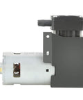Side view of Compact Oilless Vacuum Pump 12 Volt DC 42 Watt Mini Brush Piston Pressure Pump for lab and medical DIY projects.