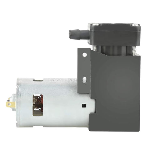 Side view of Compact Oilless Vacuum Pump 12 Volt DC 42 Watt Mini Brush Piston Pressure Pump for lab and medical DIY projects.