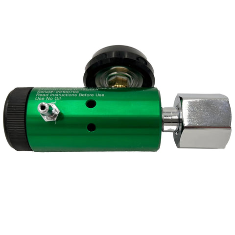 Compact 15 LPM Oxygen Regulator CGA 540 with adjustable flow, green aluminum brass body, side view, for medical and industrial use