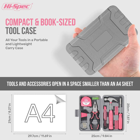 Compact pink tool case from Pink 25 Piece Women DIY Tool Kit Set In Mini Toolbox for beginners, shown with item dimensions.