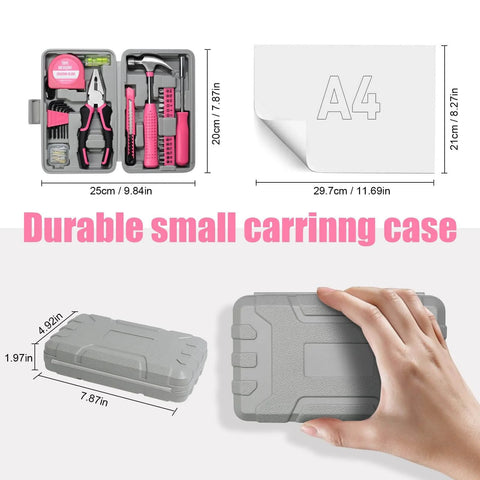 Image showing compact pink 25 Piece Pink Tool Set for Women Portable DIY Home Repair Kit with Beginner Friendly Tools in a carry case.