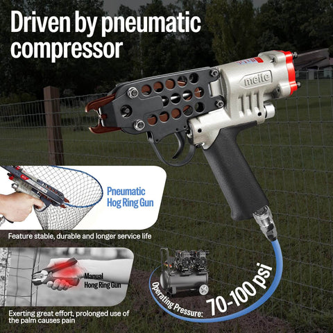 Compact Pneumatic Hog Ring Gun With 15 Gauge 3/4 Inch Crown Pliers, 5.5 To 6.0 Mm Closure shown in front view with fencing background.