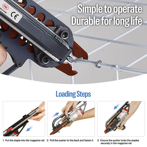 Compact Pneumatic Hog Ring Gun With 15 Gauge 3/4 Inch Crown Pliers, 5.5 To 6.0 Mm Closure, securing fencing wire.