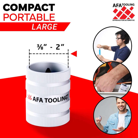 Inner And Outer Pipe Reamer For 3/8 To 2 Inch Pipes With 45 Cutting Edges, shown with white casing and AFA Tooling logo.