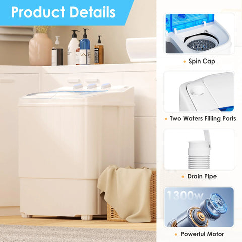 Compact 16 lb portable washer dryer combo perfect for apartments, dorms, RVs, and camping, shown with control features.