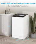 Compact Portable Washing Machine For Apartments With 35 Lb Capacity, 12 Wash Cycles, side view in small laundry room