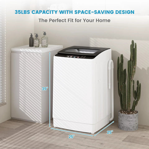 Compact Portable Washing Machine For Apartments With 35 Lb Capacity, 12 Wash Cycles, side view in small laundry room