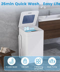 Compact 20 lb full-automatic portable washing machine with 7 wash cycles and an LED display in a modern bathroom