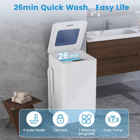 Compact 20 lb full-automatic portable washing machine with 7 wash cycles and an LED display in a modern bathroom