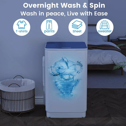 Compact 20 lb full-automatic portable washing machine with 7 wash cycles and an LED display, perfect for apartments, dorms, and RVs