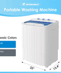 Compact 16 lb portable washer dryer combo perfect for apartments, dorms, RVs, and camping shown in white with blue accents.