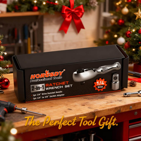 Stubby 1/4-Inch Ratchet Wrench Set With 90-Tooth Reversible Drive, Magnetic Bit Driver, And 1/4-Inch To 3/8-Inch Adapter in box