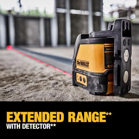 Image of a compact self leveling red cross line laser with a 165 ft range using a detector on a construction site.