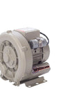 Compact 1/4 HP regenerative blower with dual voltage 120/220V, 42 CFM, featuring 1 inch ports and non-contact impeller, side view.