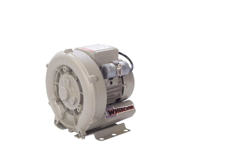 Compact 1/4 HP regenerative blower with dual voltage 120/220V, 42 CFM, featuring 1 inch ports and non-contact impeller, side view.