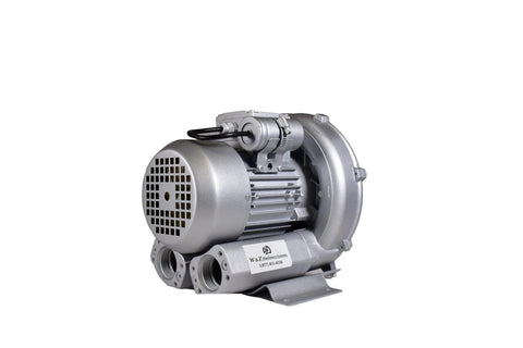 Compact, oil free regenerative blower provides high airflow at low pressure for industrial air handling, delivering 0.67 HP, 220V single phase.