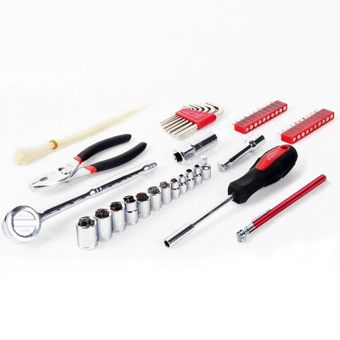 56 Piece Compact SAE Auto Tool Set In Zippered Case For Roadside Emergencies And Motorcycle Repairs Travel Ready Tools Displayed