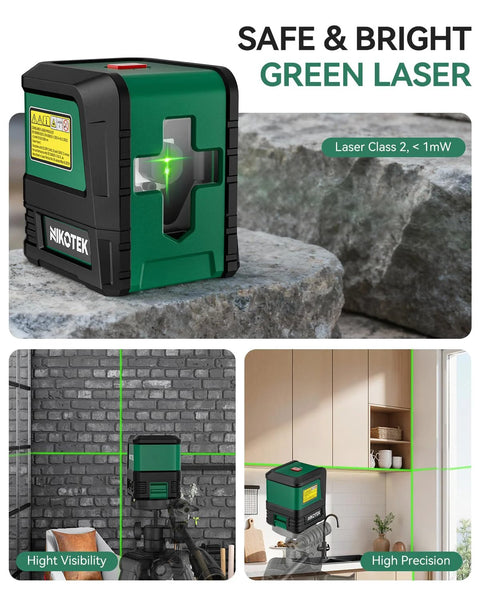 Achieve fast, precise alignment with this compact self-leveling green laser level showing bright horizontal and vertical lines.