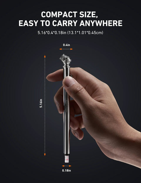 Hand holding 2 Pack Pencil Tire Pressure Gauge, 10 To 75 PSI Range, ANSI B40.1 Grade B ±2% Calibration, Stainless Steel Body With Metal Nozzle