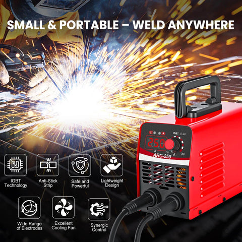 Portable Stick Welder Kit All In One 250Amp 110V Beginner Friendly with display and features visible