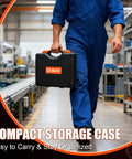 Person carrying Heavy Duty 320 Piece Helicoil Thread Repair Kit With Metric And SAE Inserts in a compact storage case in workshop
