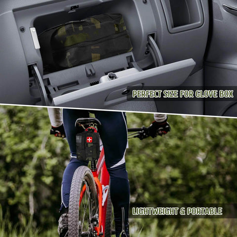 170 Piece Survival First Aid Kit With Trauma Gear For Hiking Camping And Backpacking inside car glove box and attached to bike