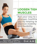 Woman using compact textured foam roller for muscle recovery and massage, 12 inch length, 4 inch diameter, in yoga workout.