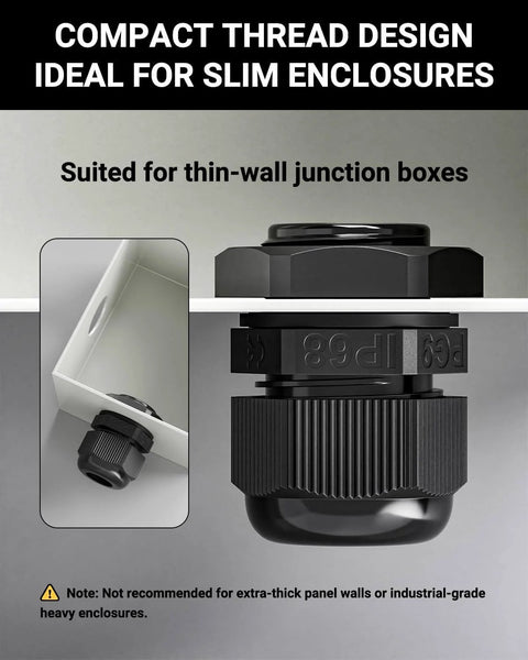 All In One IP68 Nylon Cable Gland Kit With 50 Waterproof Cord Grips Pro Grade Versatility For PG7 PG9 PG11 PG13.5 PG16 Wire Entry Grommets For Panels, Lighting And Industrial Wiring, Durable Strain Relief Black, shown installed in junction box with compact thread design for slim enclosures