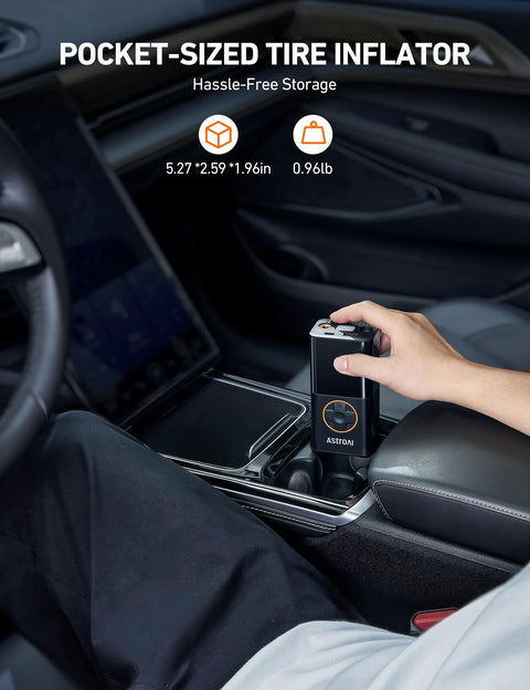L7 Portable Tire Inflator And Cordless Mini Air Compressor With Digital Dual Value Display, compact and portable in car console.