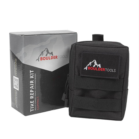 Compact Tire Repair Kit With Molle Storage Pouch, Heavy Duty Universal Tire Plug Kit For UTV ATV Truck Motorcycle Overlanding Gear Or RV, Easily Stows For On The Go Emergency Tire Fix, shown with black MOLLE pouch and packaging.