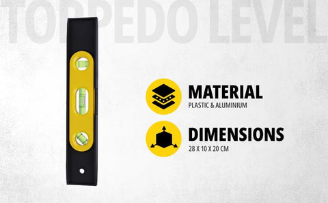 Compact 9 inch torpedo level with magnetic base for fast, accurate layout checks; includes three 360 degree vials for dependable readings in woodworking, cabinetry, metal fabrication, and general construction next to material and dimensions info